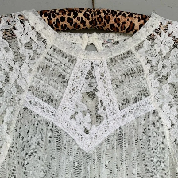 FREE PEOPLE BOHO IVORY/OFF WHITE MODERN ROMANCE SHEER LACE TOP - Picture 4 of 13